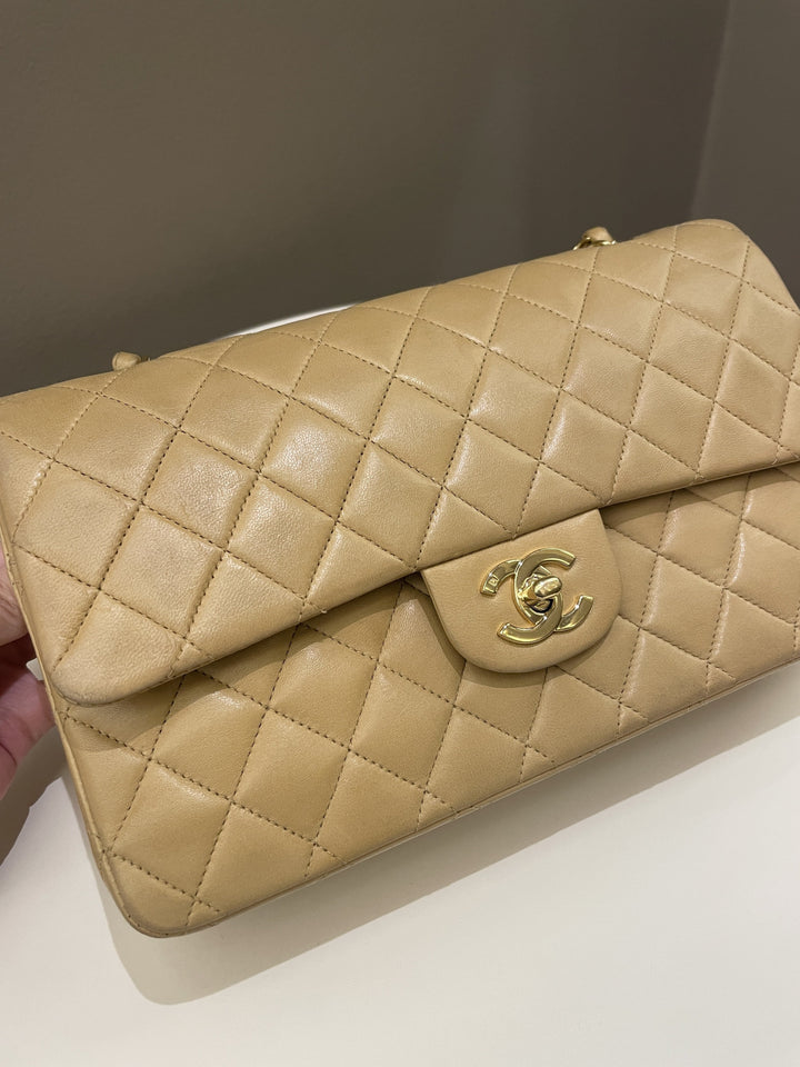 Chanel Vintage Classic Quilted Medium Double Flap Beige Lambskin