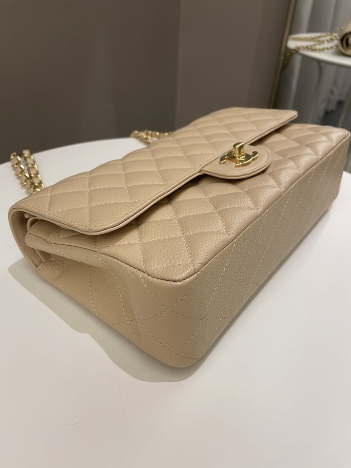 Chanel Classic Quilted Medium Double Flap Beige Claire Caviar