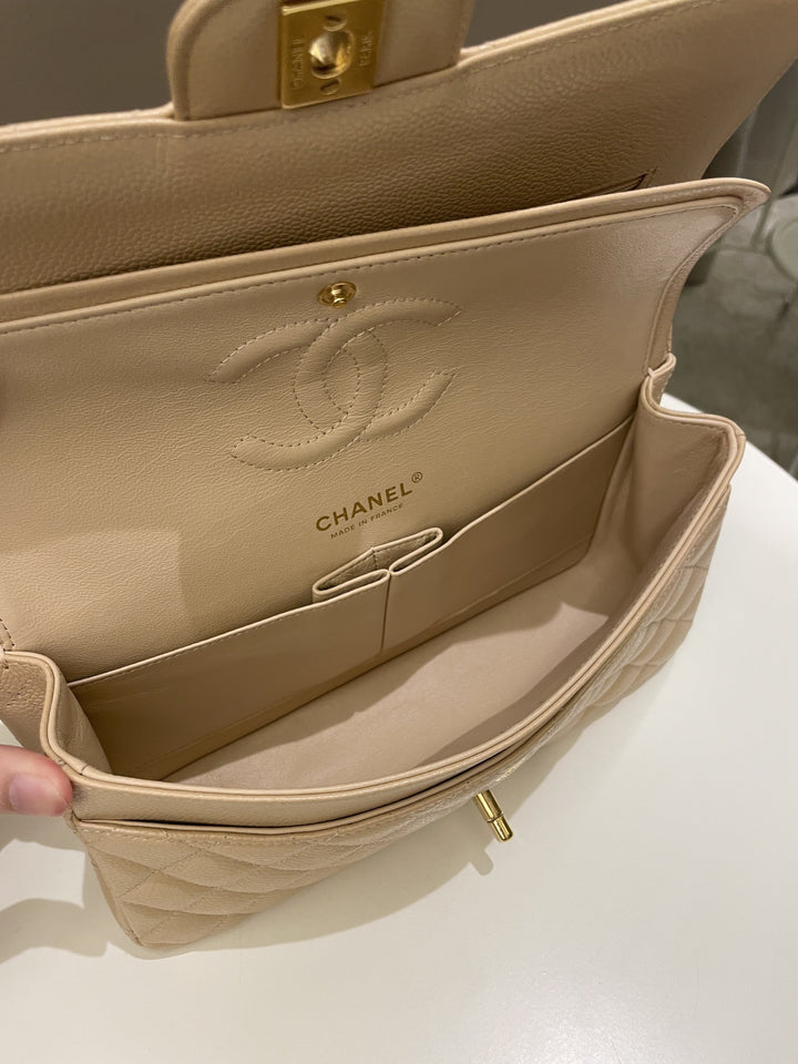 Chanel Classic Quilted Medium Double Flap Beige Claire Caviar