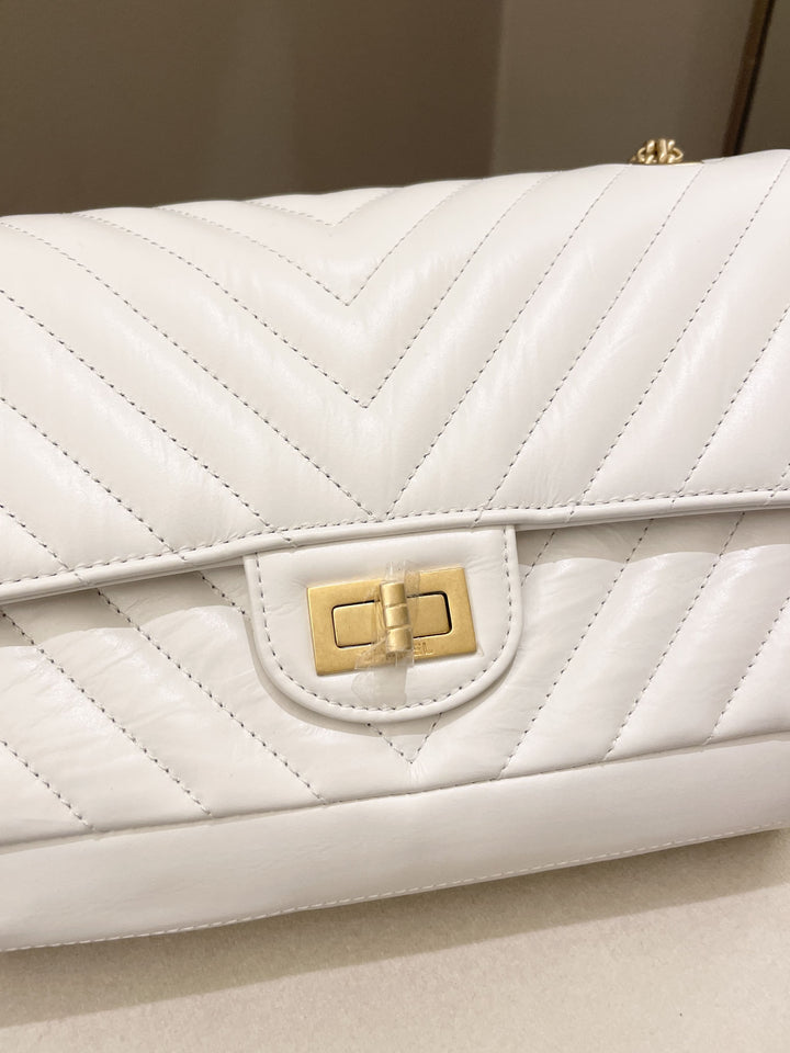 Chanel 2.55 225 Chevron Reissue Double Flap White Calfskin