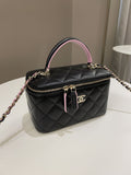 Chanel 23P Quilted Mini Vanity Rectangular Top Handle Black/ Pink Lambskin
