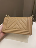Chanel Chevron Small Boy Dark Milk Tea Beige Caviar