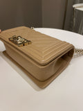 Chanel Chevron Small Boy Dark Milk Tea Beige Caviar
