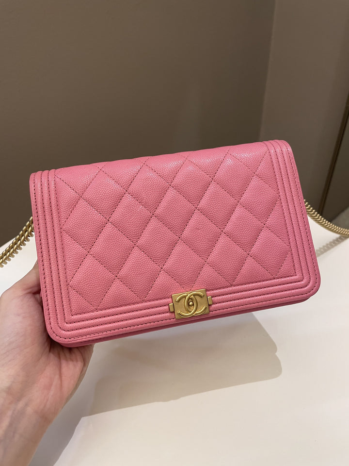 Chanel Quilted Boy Wallet On Chain Pink Caviar