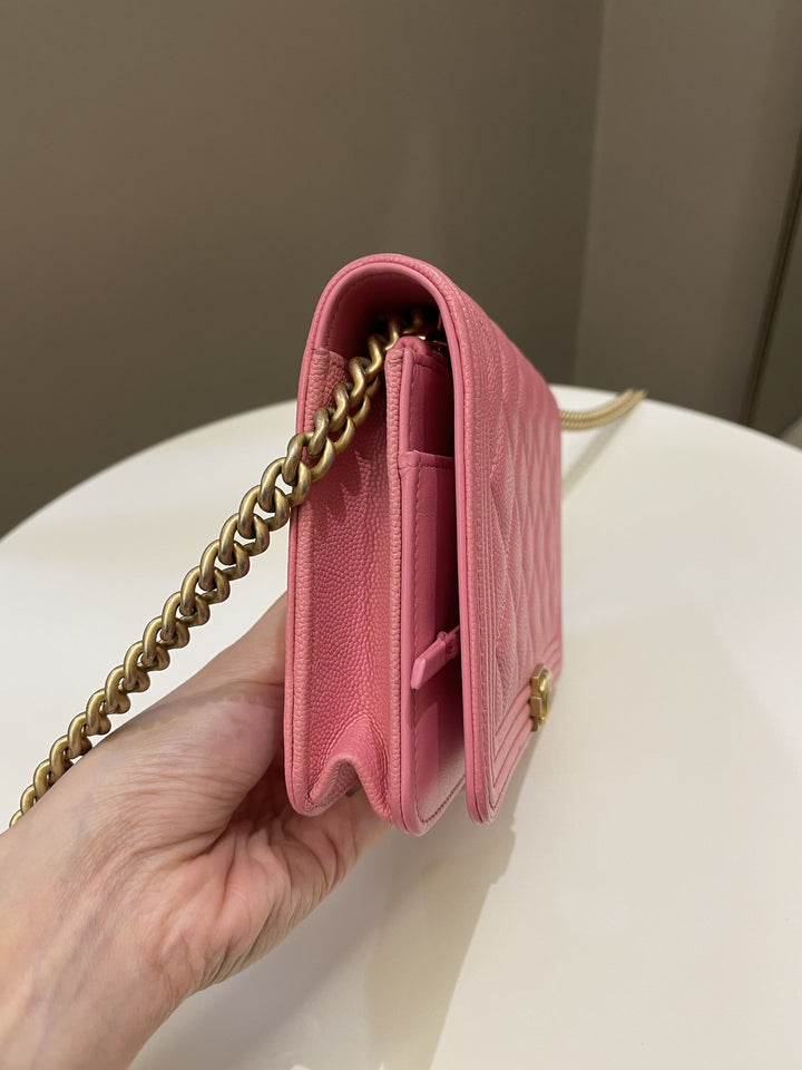 Chanel Quilted Boy Wallet On Chain Pink Caviar