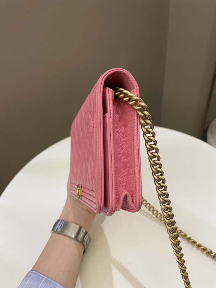 Chanel Quilted Boy Wallet On Chain Pink Caviar