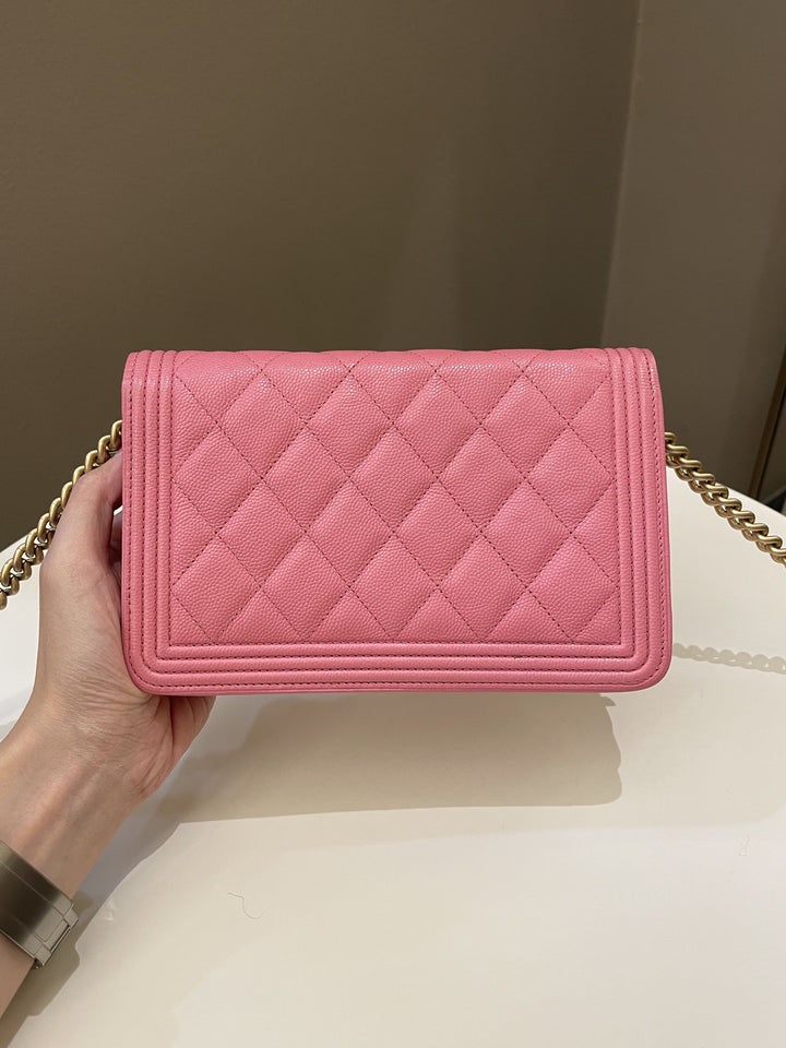 Chanel Quilted Boy Wallet On Chain Pink Caviar