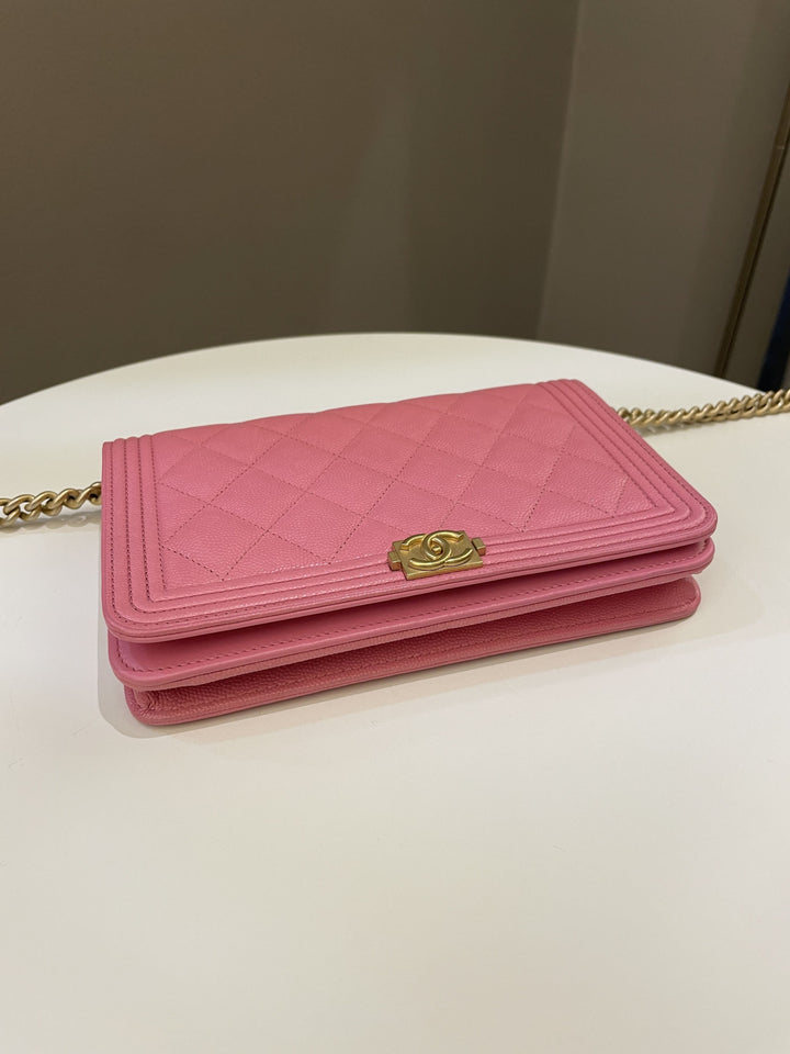 Chanel Quilted Boy Wallet On Chain Pink Caviar