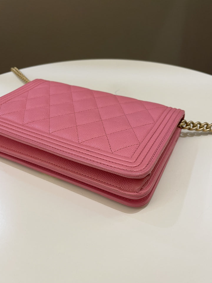 Chanel Quilted Boy Wallet On Chain Pink Caviar