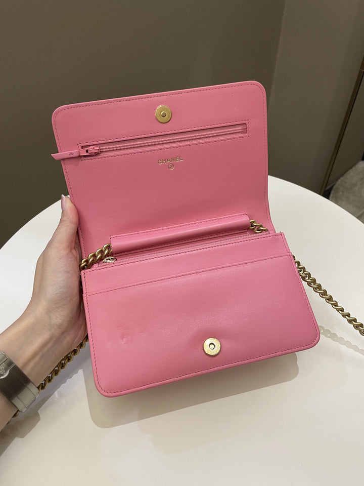 Chanel Quilted Boy Wallet On Chain Pink Caviar