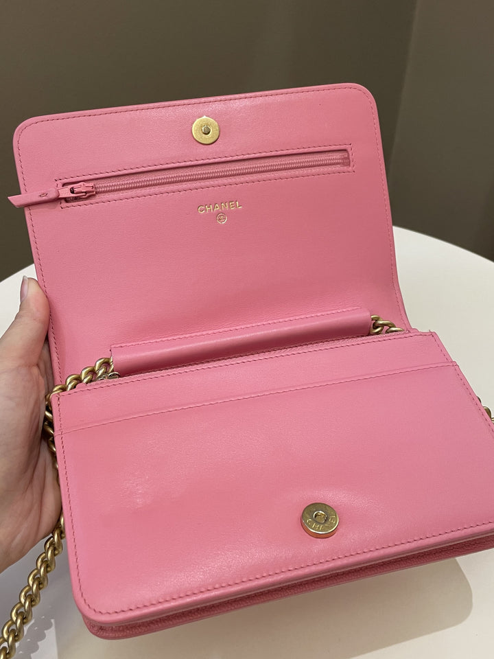 Chanel Quilted Boy Wallet On Chain Pink Caviar