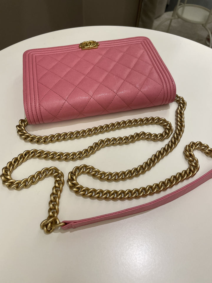 Chanel Quilted Boy Wallet On Chain Pink Caviar