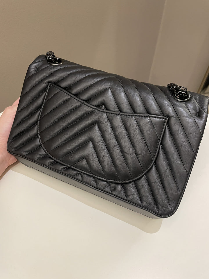 Chanel 2.55 225 So Black Chevron Reissue Double Flap Black Calfskin