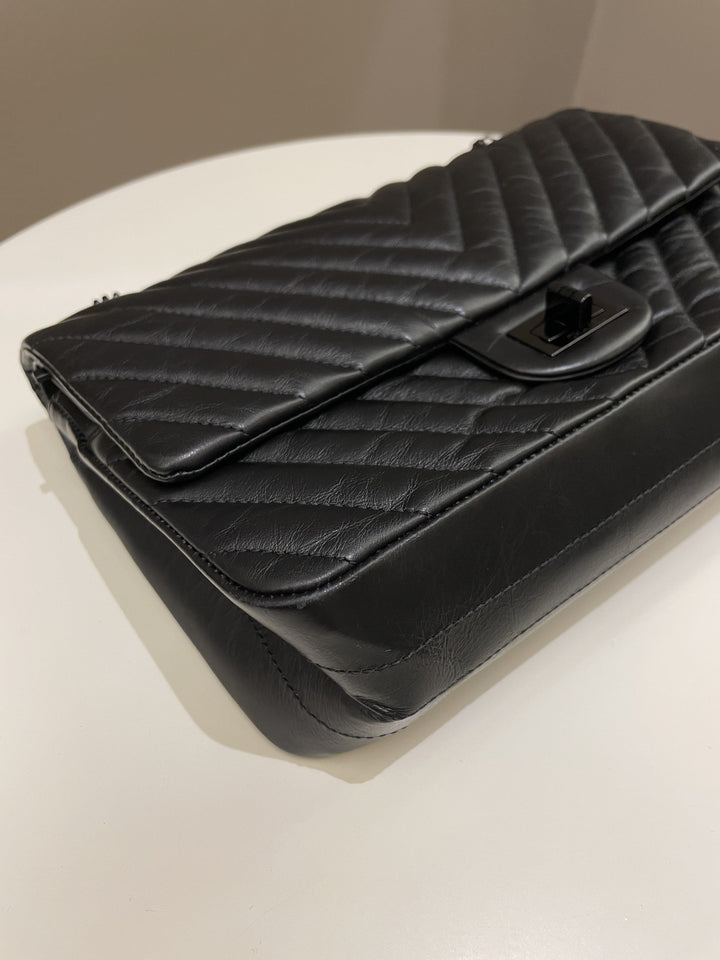 Chanel 2.55 225 So Black Chevron Reissue Double Flap Black Calfskin