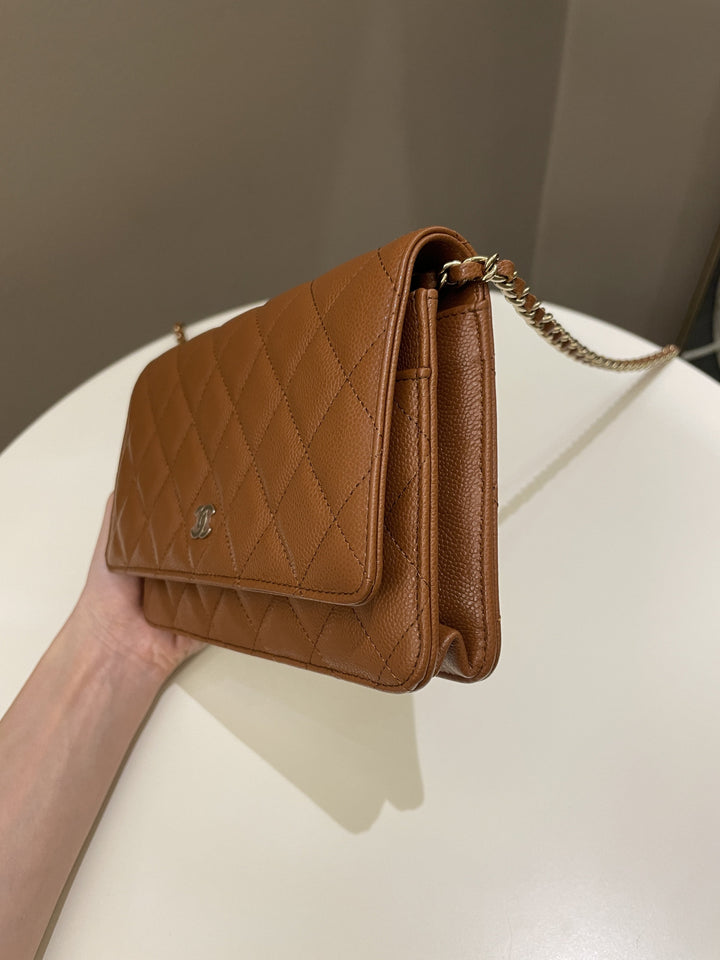 Chanel 23A Cc Quilted Wallet on Chain Tan Brown Caviar