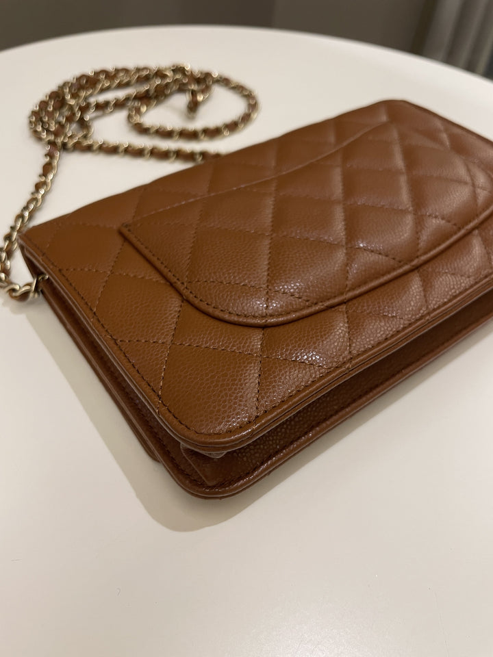 Chanel 23A Cc Quilted Wallet on Chain Tan Brown Caviar