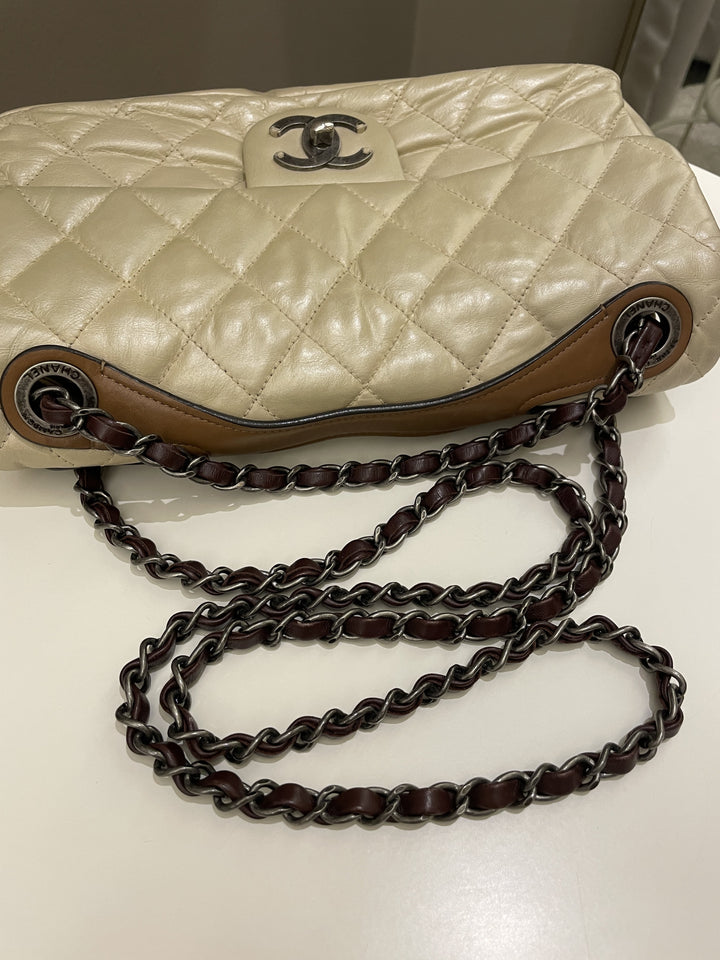 Chanel Quilted Handle Flap Bag Beige Calfskin