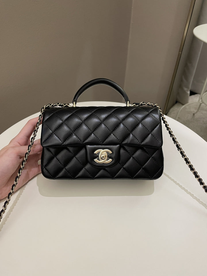 Chanel Quilted Top Handle Mini Rectangular Black Lambskin