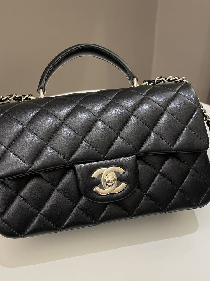 Chanel Quilted Top Handle Mini Rectangular Black Lambskin