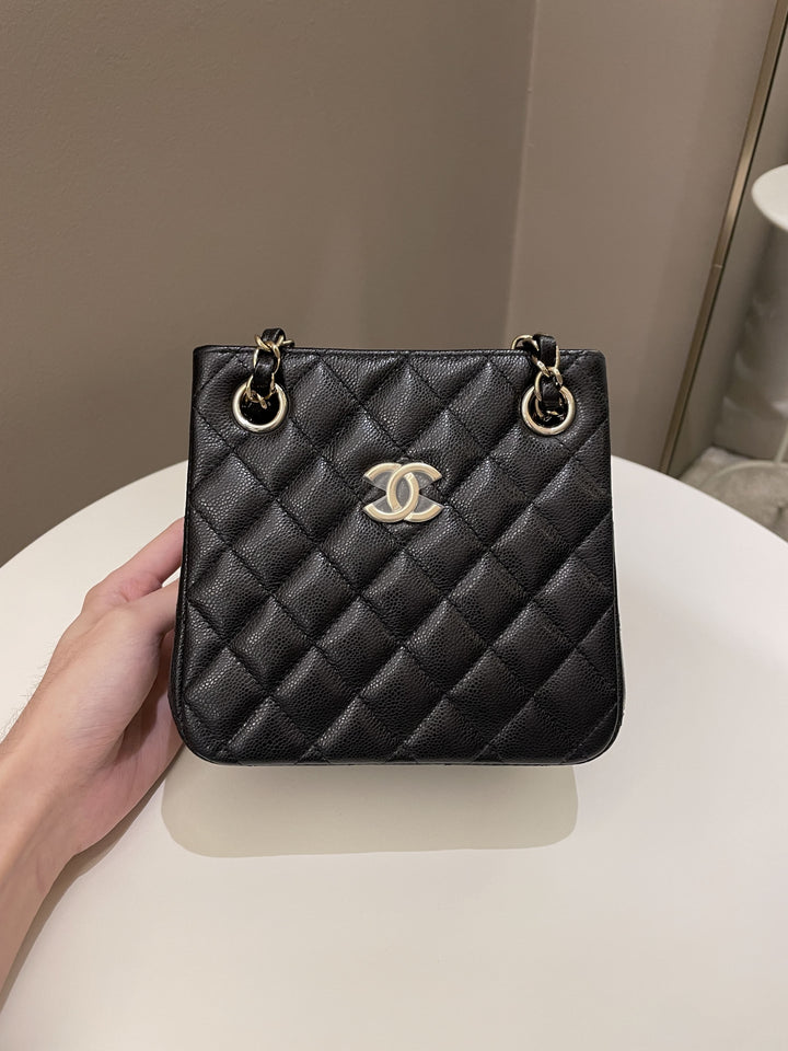 Chanel Quilted Cc Bucket Bag Black Caviar
