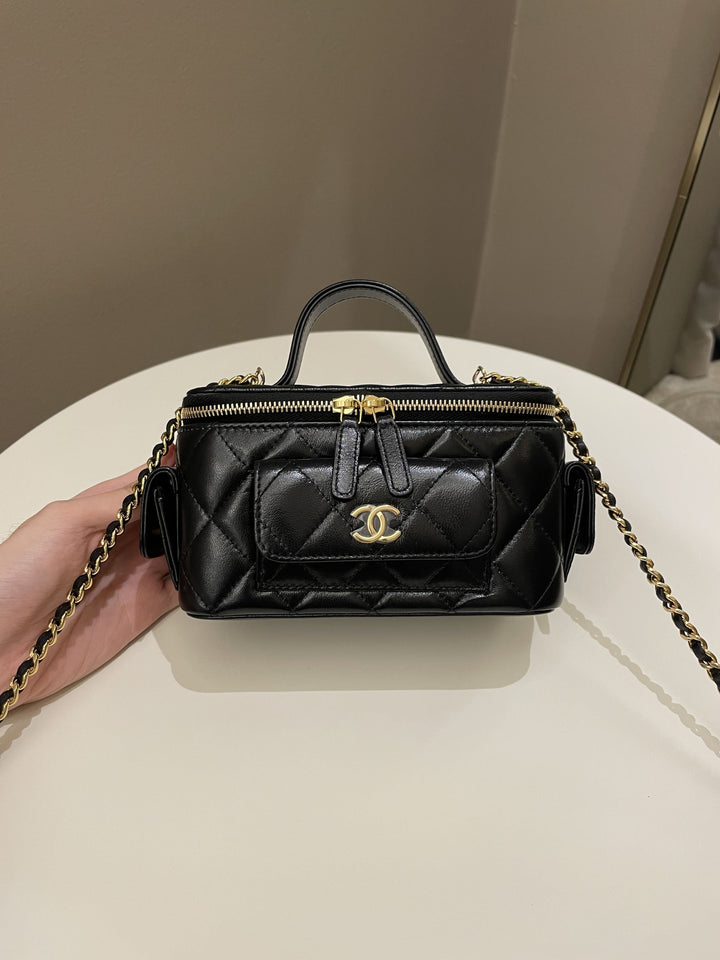 Chanel Polly Pocket Multi Pocket Vanity Case Bag Black Glazed Lambskin