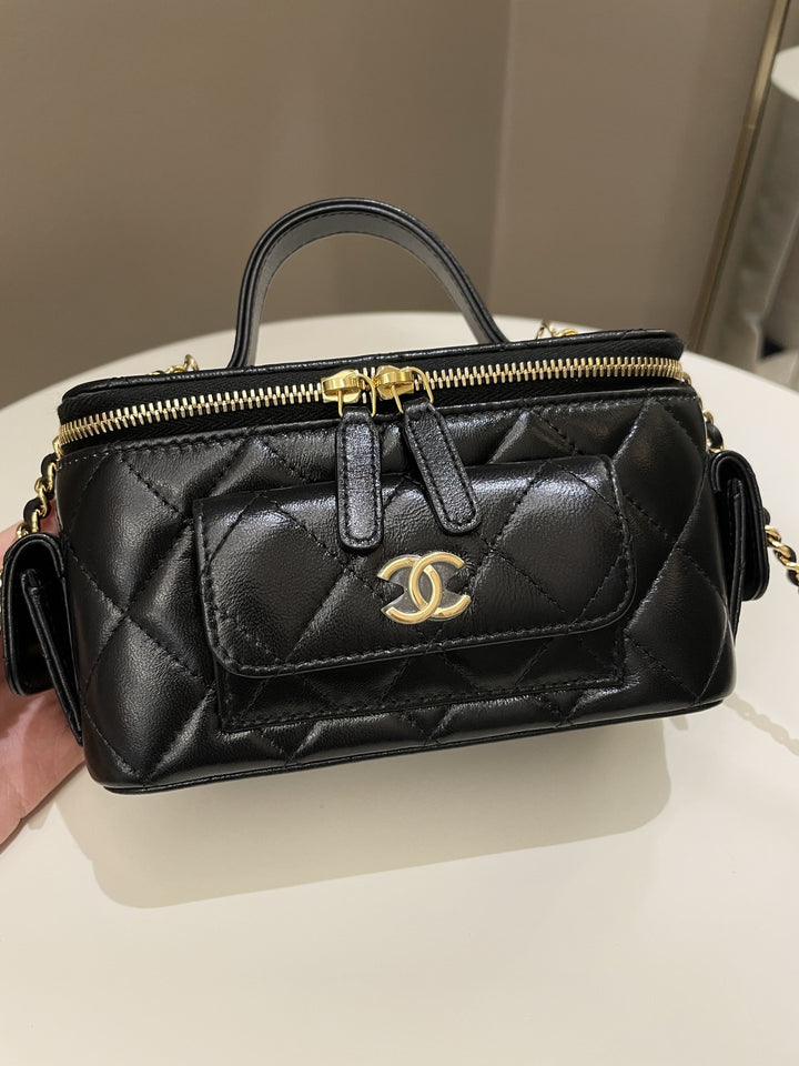 Chanel Polly Pocket Multi Pocket Vanity Case Bag Black Glazed Lambskin