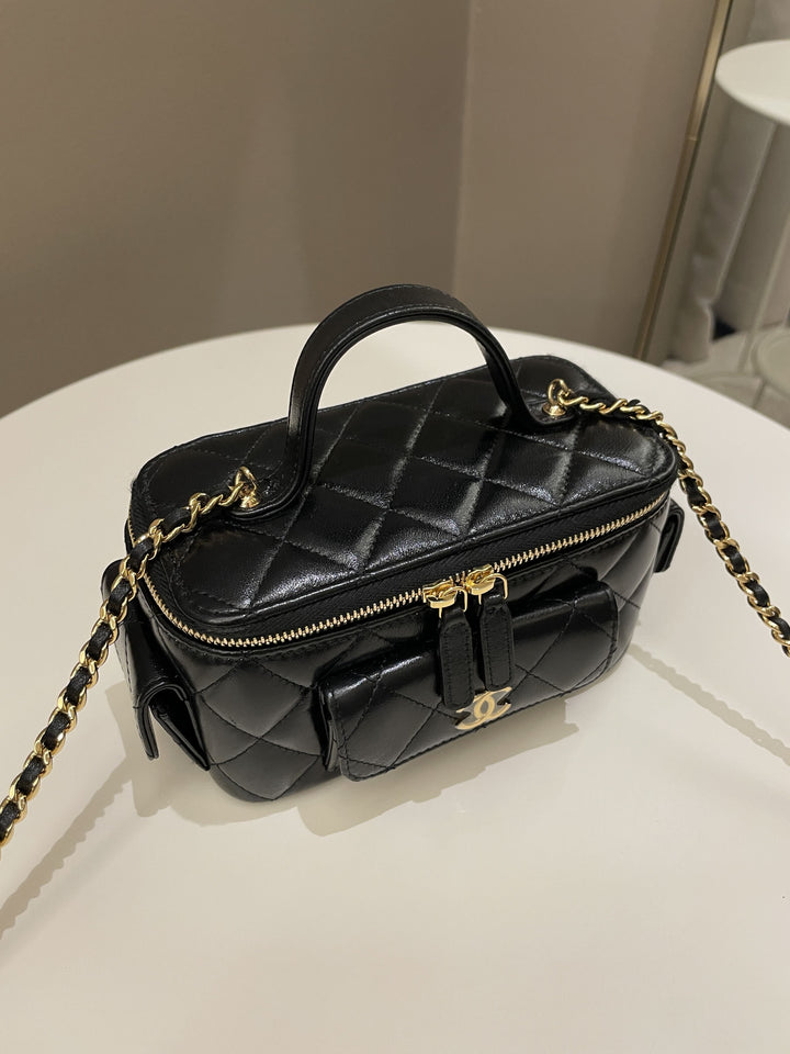 Chanel Polly Pocket Multi Pocket Vanity Case Bag Black Glazed Lambskin