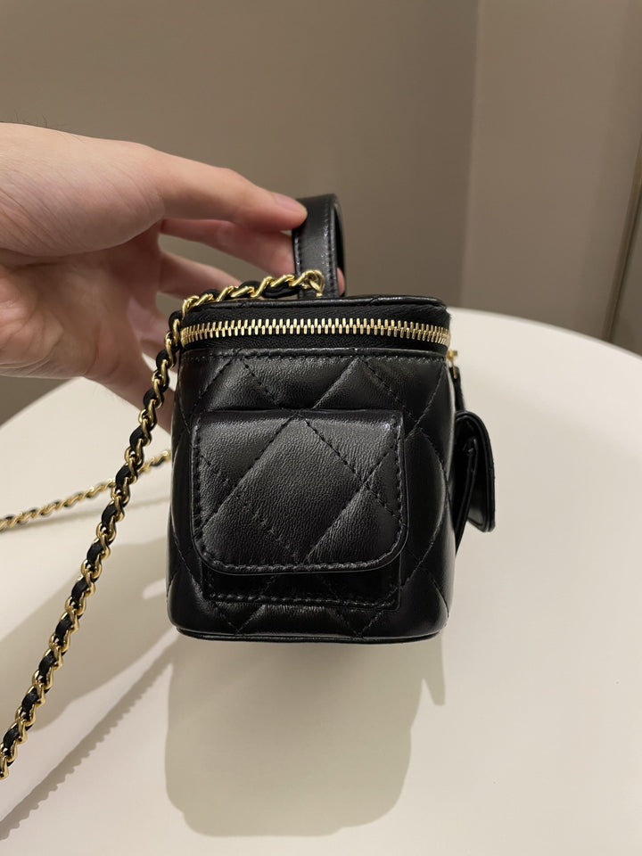 Chanel Polly Pocket Multi Pocket Vanity Case Bag Black Glazed Lambskin