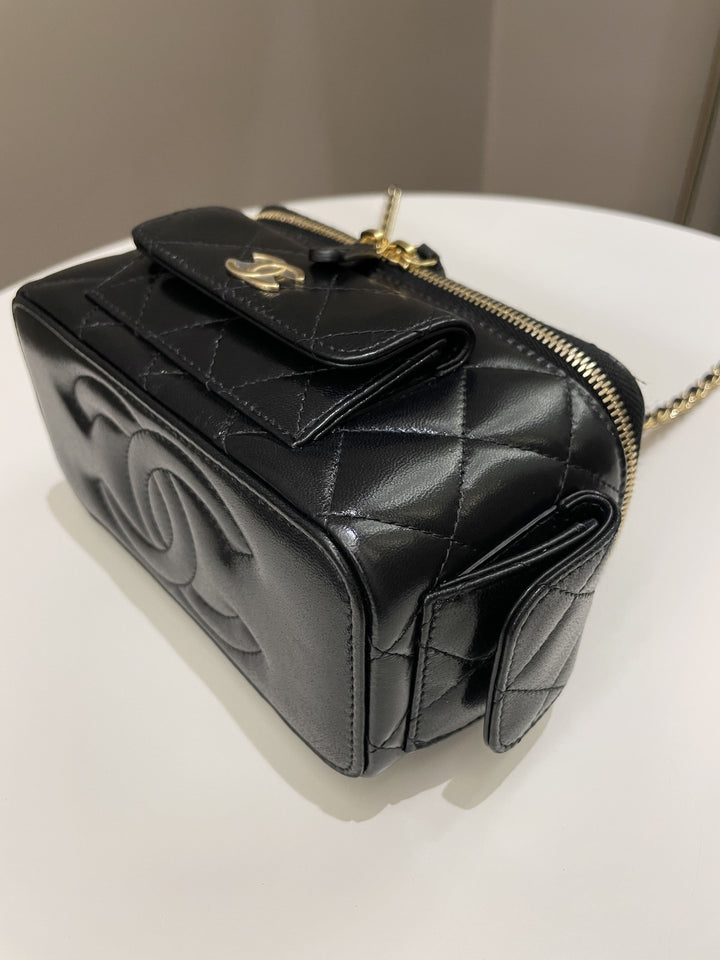 Chanel Polly Pocket Multi Pocket Vanity Case Bag Black Glazed Lambskin