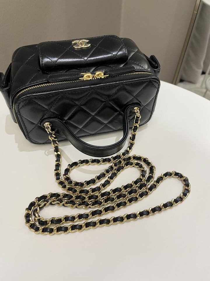 Chanel Polly Pocket Multi Pocket Vanity Case Bag Black Glazed Lambskin