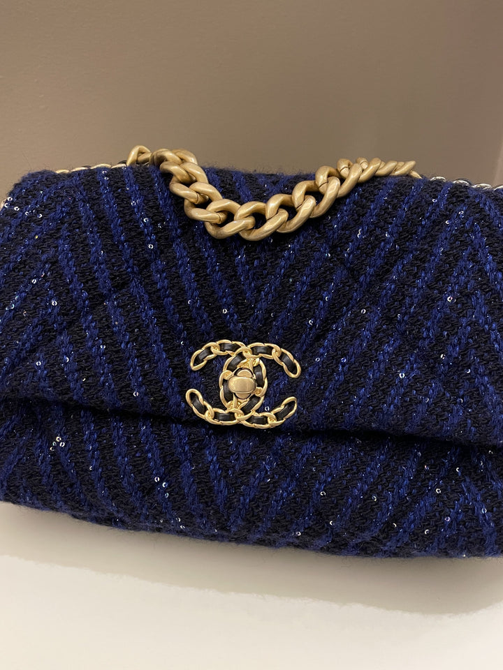 Chanel 19 Flap Bag Black / Blue Tweed Sequin