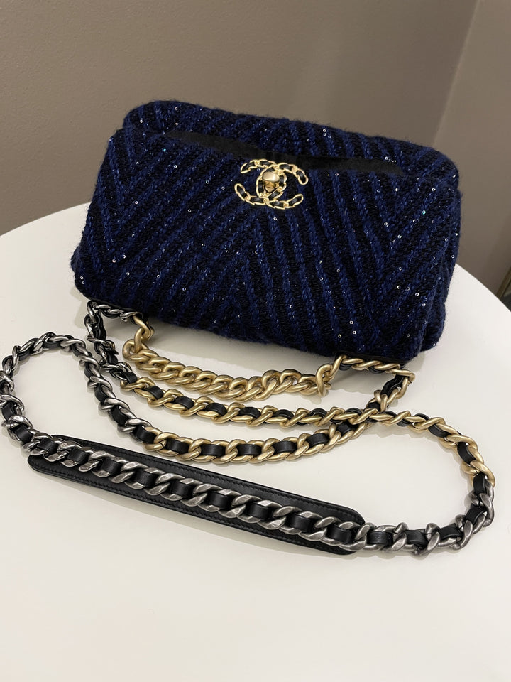 Chanel 19 Flap Bag Black / Blue Tweed Sequin