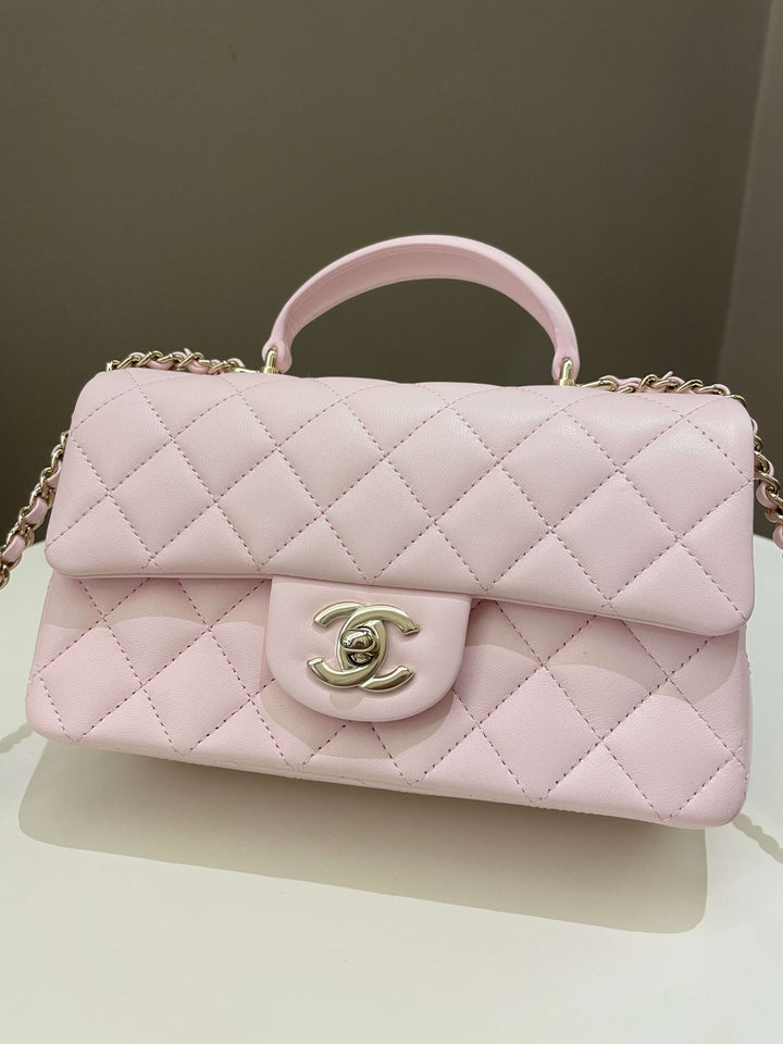 Chanel Quilted Top Handle Mini Rectangular Pale Pink Lambskin