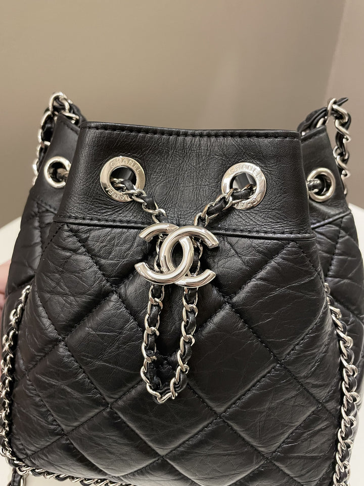 Chanel Cc Drawstring Bucket Chain Bag Black Aged Calfskin