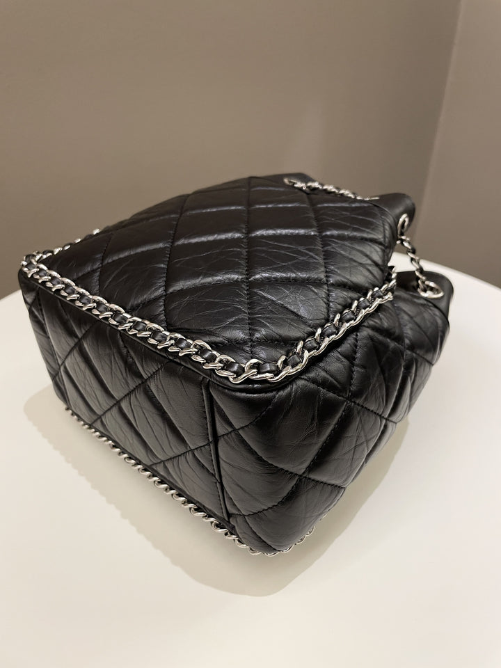 Chanel Cc Drawstring Bucket Chain Bag Black Aged Calfskin