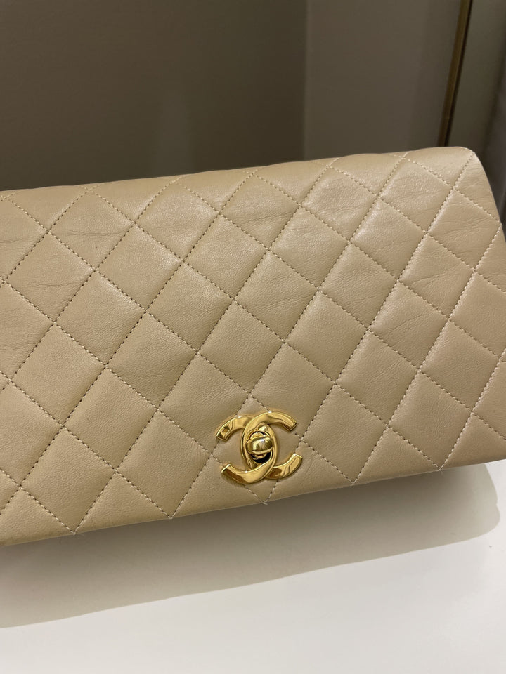 Chanel Vintage Quilted Full Flap Bag Beige Lambskin