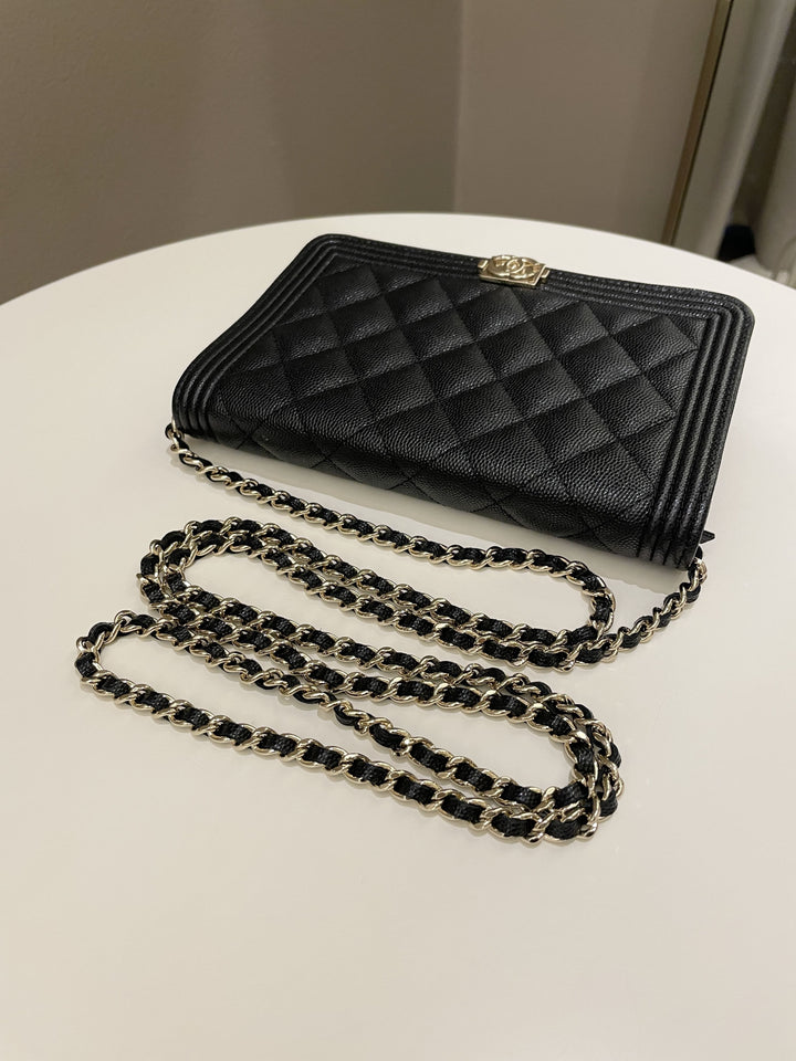Chanel Quilted Boy Wallet On Chain Black Caviar
