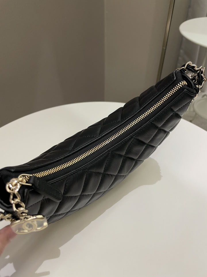 Chanel 23P Quilted Chain Around Hobo Bag Black Lambskin