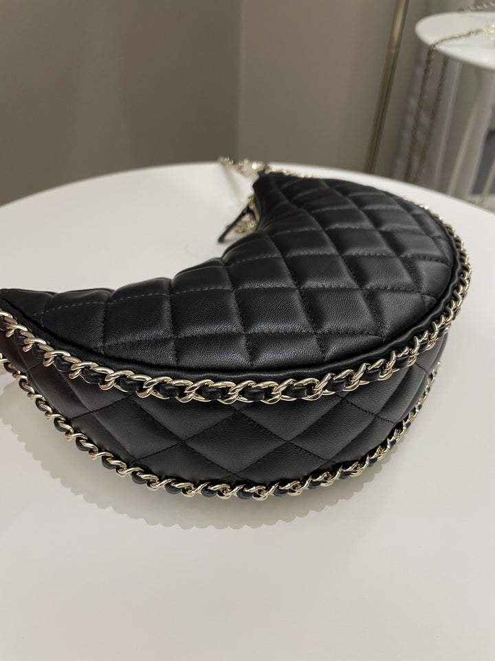 Chanel 23P Quilted Chain Around Hobo Bag Black Lambskin