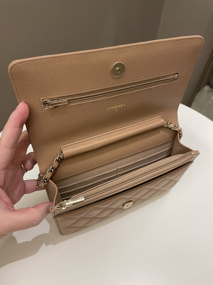 Chanel Classic Quilted Wallet on Chain Dark Nude Beige Caviar