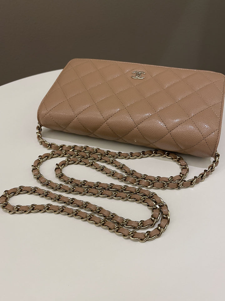Chanel Classic Quilted Wallet on Chain Dark Nude Beige Caviar