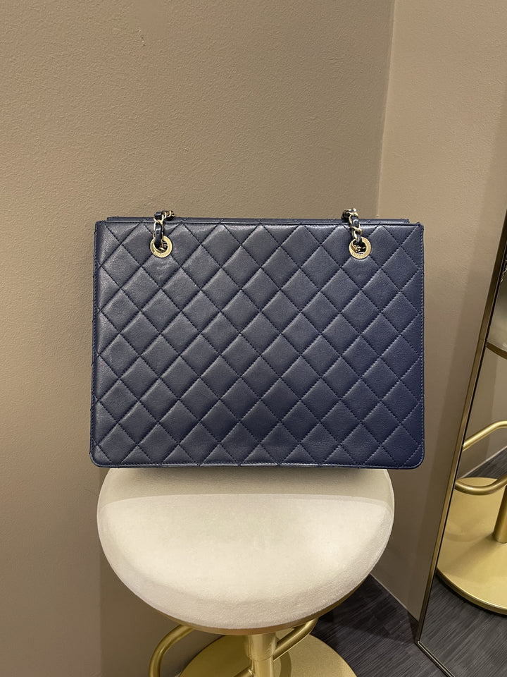 Chanel Quilted Large Shopper Tote Blue Grainy Goatskin