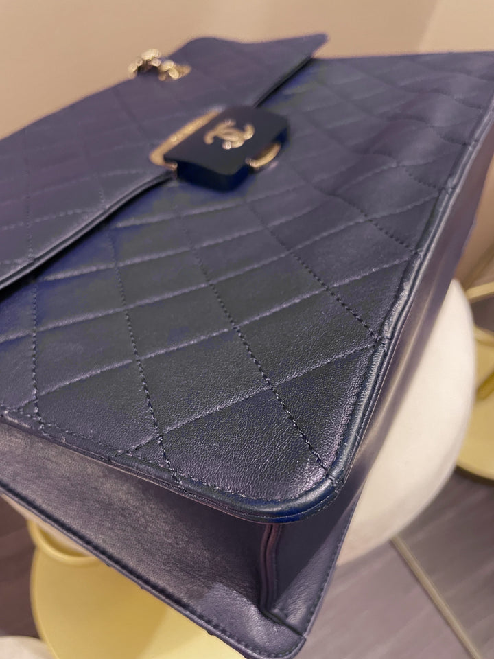 Chanel Quilted Large Shopper Tote Blue Grainy Goatskin