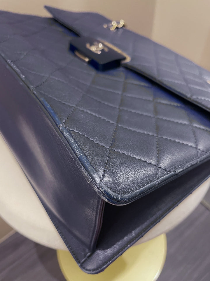 Chanel Quilted Large Shopper Tote Blue Grainy Goatskin