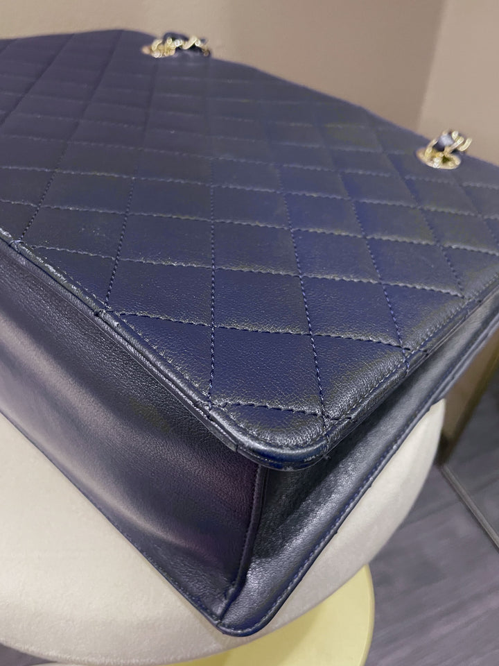 Chanel Quilted Large Shopper Tote Blue Grainy Goatskin