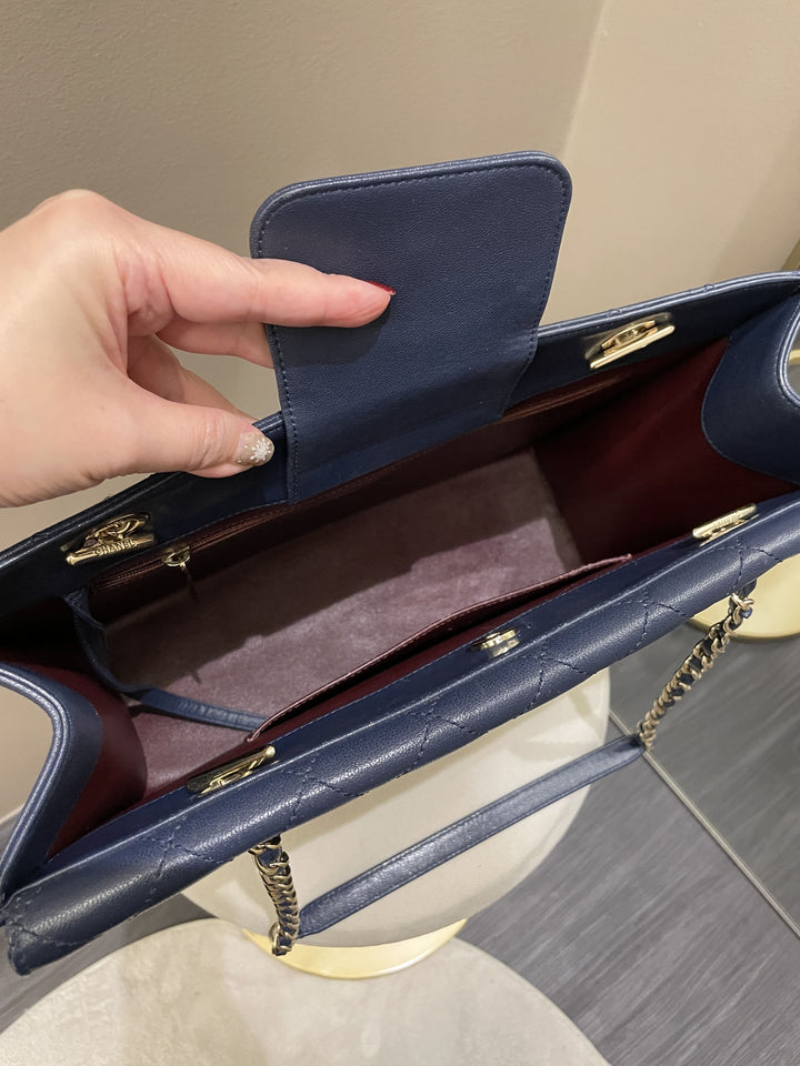 Chanel Quilted Large Shopper Tote Blue Grainy Goatskin