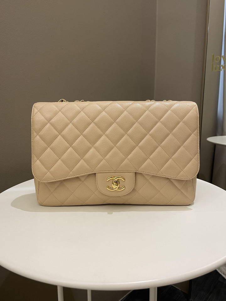 Chanel Classic Quilted Jumbo Single Flap Beige Caviar