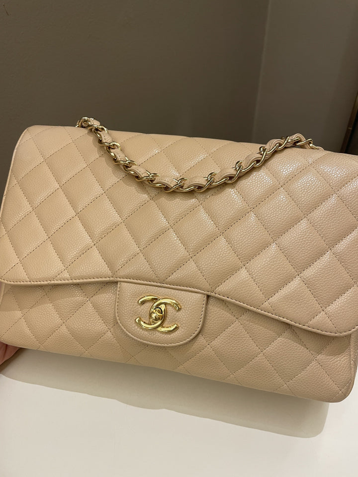 Chanel Classic Quilted Jumbo Single Flap Beige Caviar