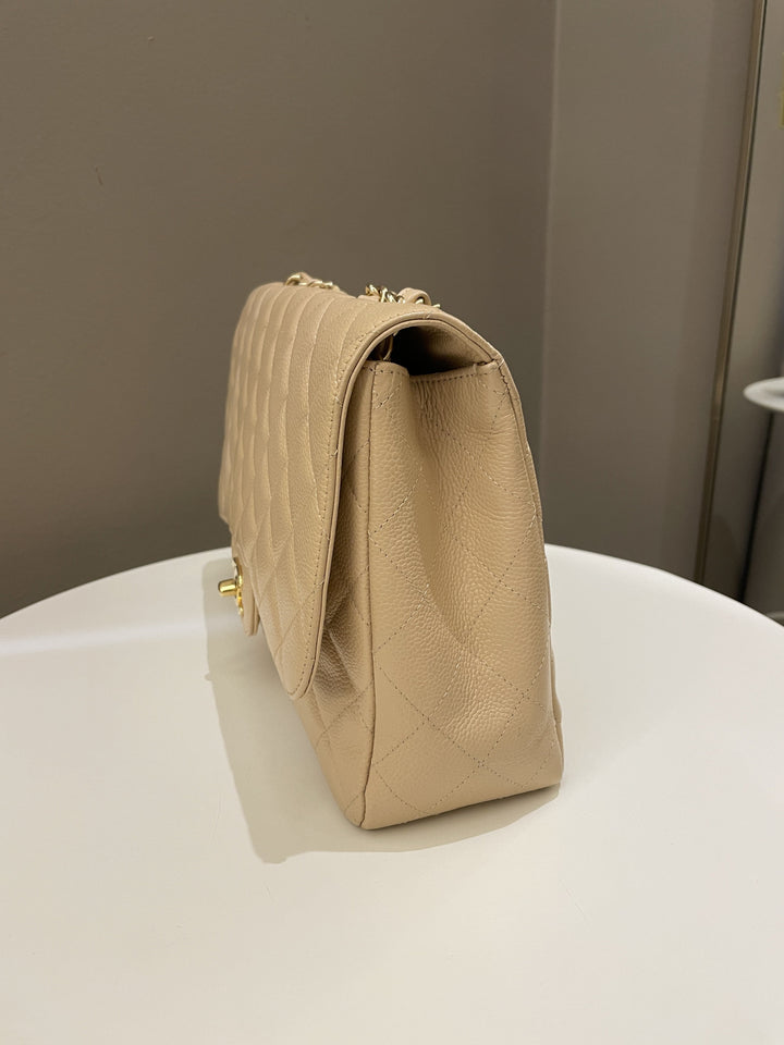 Chanel Classic Quilted Jumbo Single Flap Beige Caviar