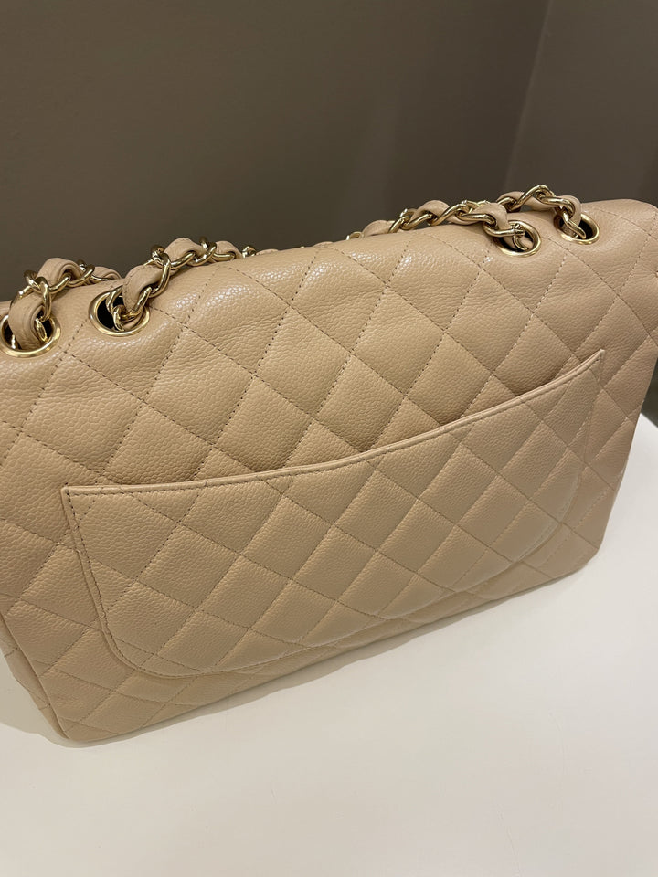 Chanel Classic Quilted Jumbo Single Flap Beige Caviar